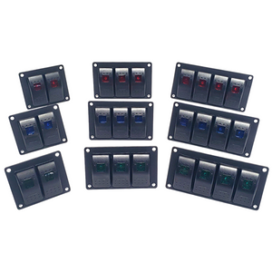 Black aluminum mini switch panels with 2, 3, 4, 5, or 6 lighted rocker switches in red, blue, and green.