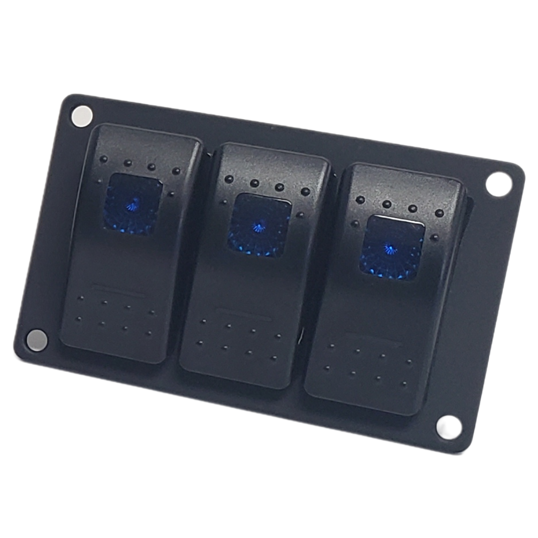 Black aluminum mini switch panel with three blue lighted rocker switches for boats.