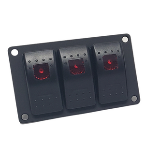 Black aluminum mini switch panel with three red lighted rocker switches.