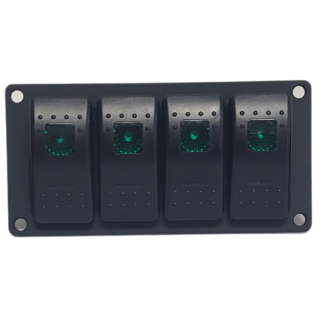 Black aluminum mini switch panel with four green lighted rocker switches for boats.