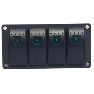 Black aluminum mini switch panel with four green lighted rocker switches for boats.