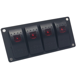 Black aluminum mini switch panel with four red lighted rocker switches.