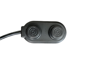 Black oval control switch with "DOWN" and "UP" buttons for an electric jack plate.