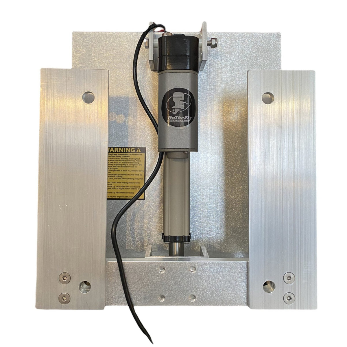 Silver aluminum OnTheFly Electric Jackplate with a gray actuator and black wiring.