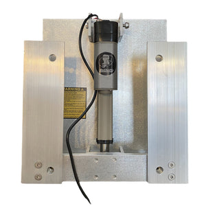 Silver aluminum OnTheFly Electric Jackplate with a gray actuator and black wiring.