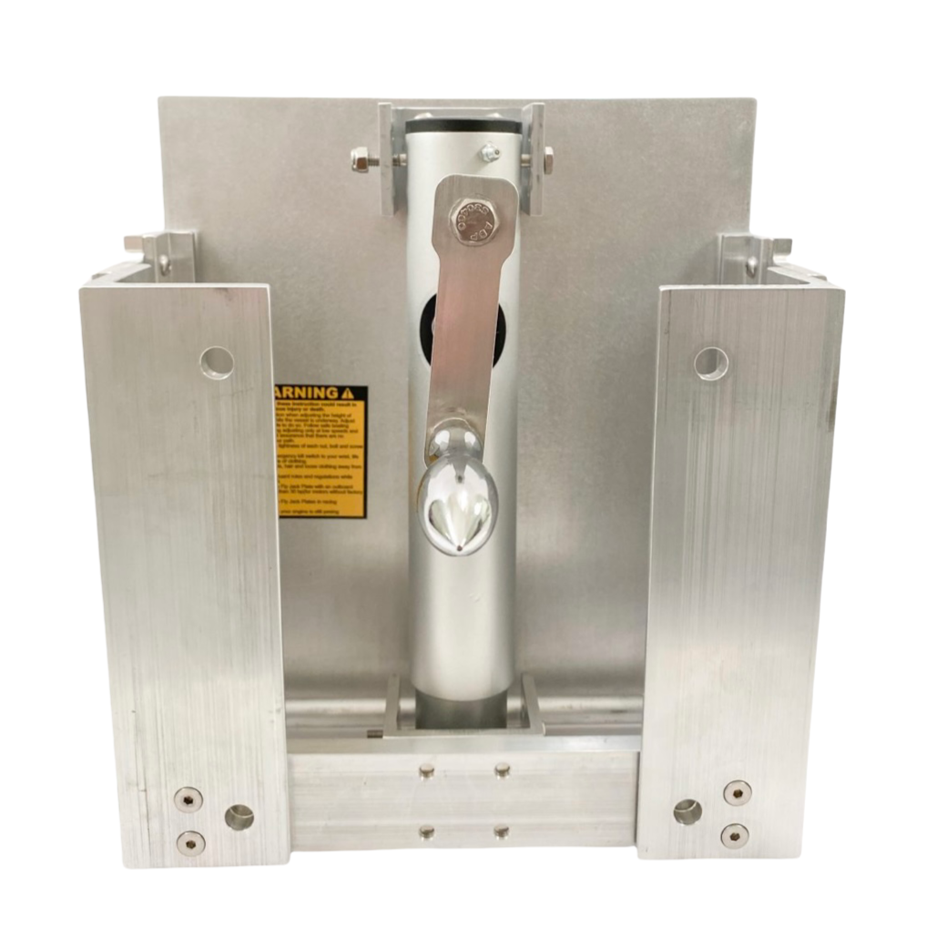 Silver aluminum Standard On The Fly Jack-Plate with a manual handle and pre-drilled mounting holes.