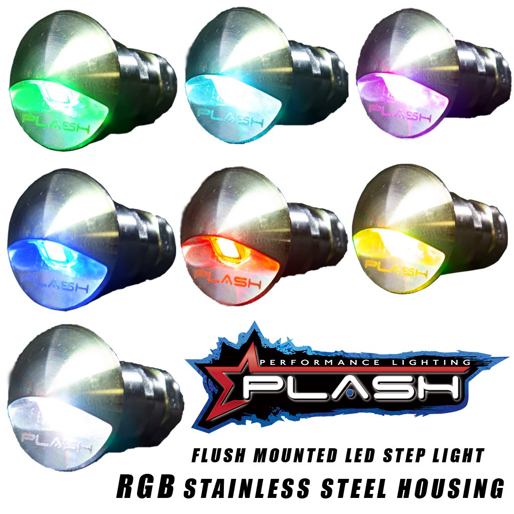 PlashLights flush mounted RGB LED step light with stainless steel housing, shown in green, blue, red, purple, and white.