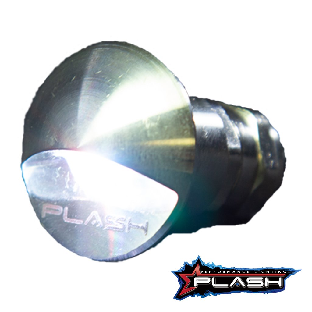 PlashLights flush mounted RGB LED step light with stainless steel housing, shown in green, blue, red, purple, and white.