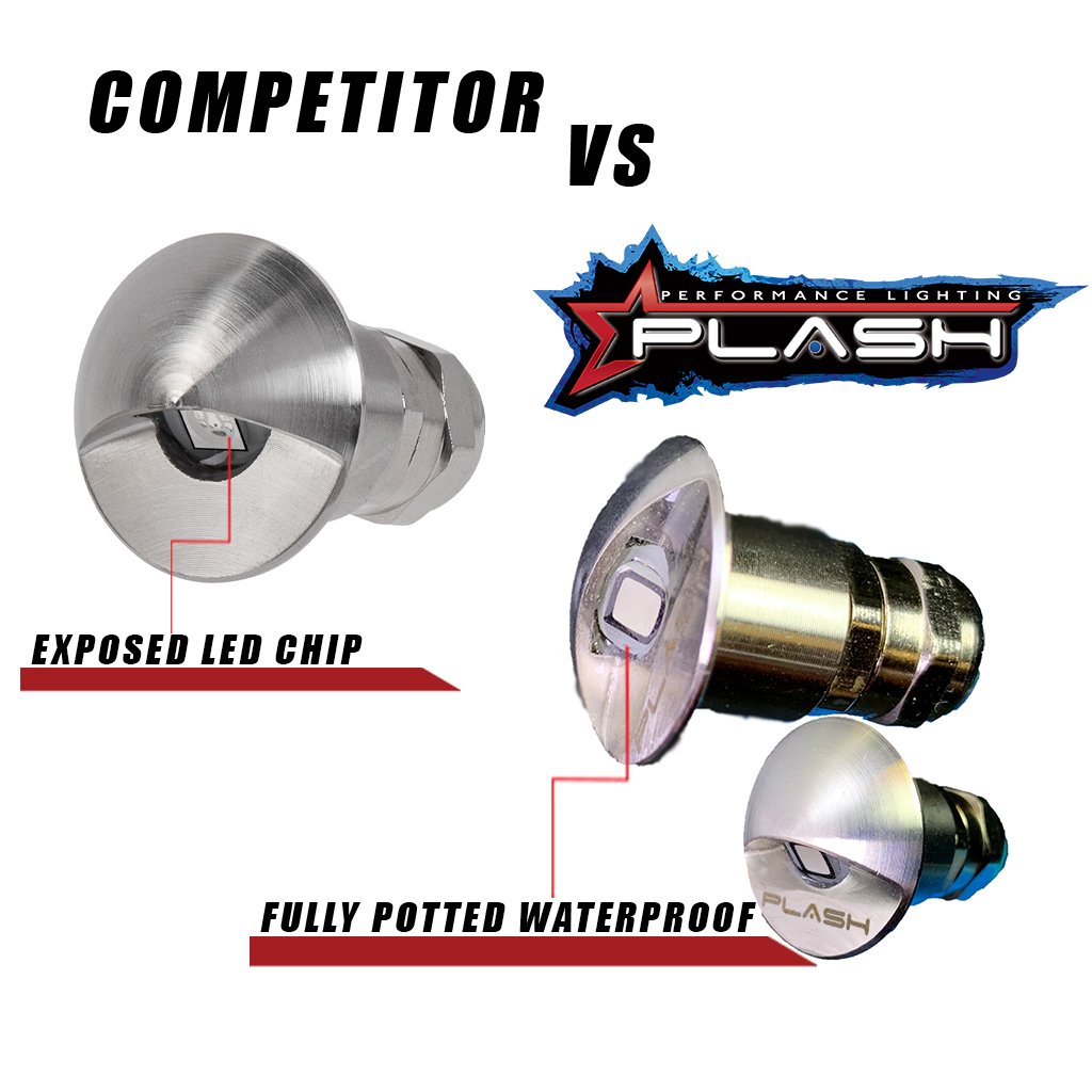 Stainless steel flush-mounted LED step light with a fully potted waterproof design, compared to a competitor's exposed LED chip.