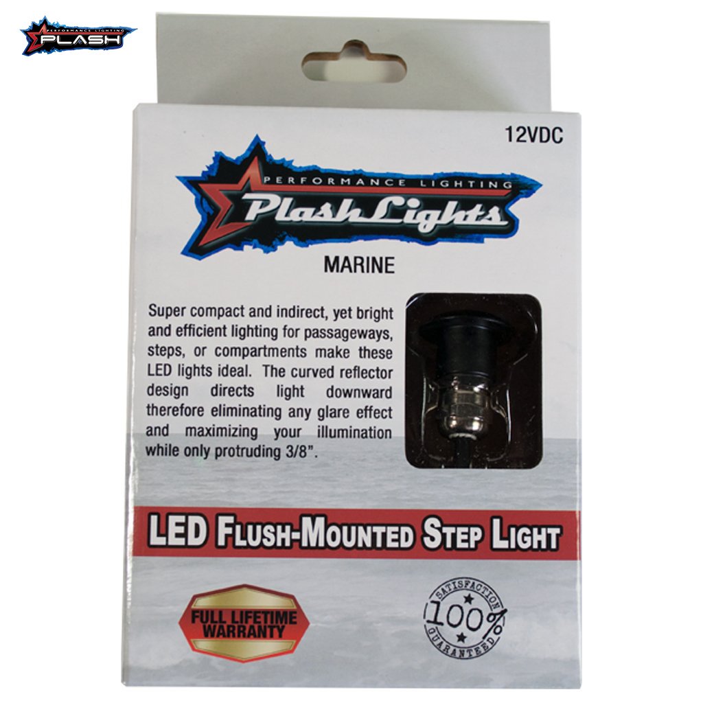 PlashLights Flush Mounted LED Step Light in stainless housing, shown in its retail packaging.