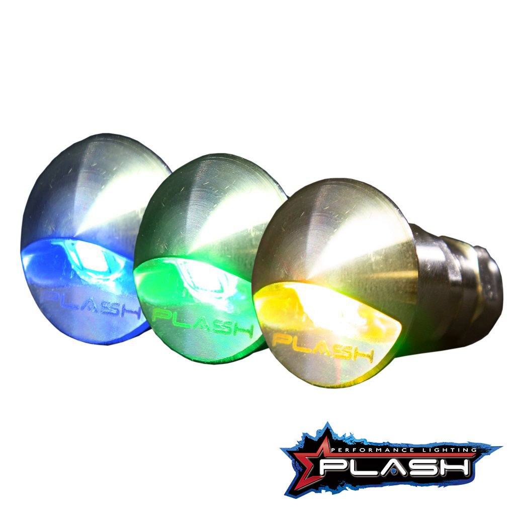 Three PlashLights flush-mounted LED step lights with stainless steel housings, emitting blue, green, and yellow light.