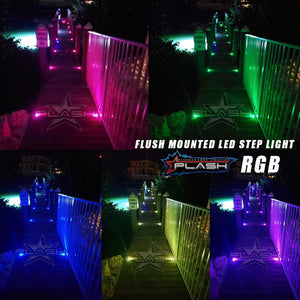 PlashLights RGB flush-mounted LED step lights illuminating a dock in various colors: magenta, green, blue, yellow, and purple.