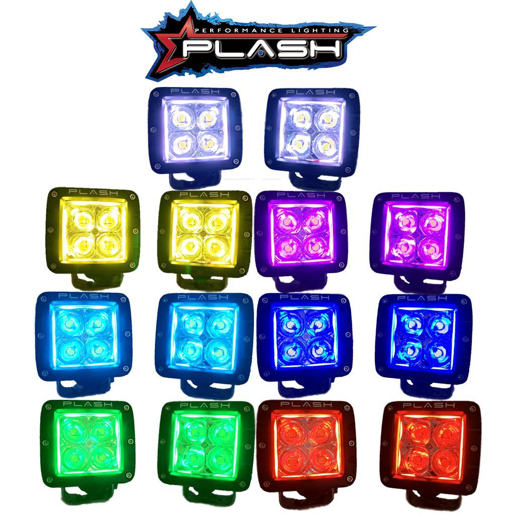 PlashLights RGB Back-Lit Cube Lights in various colors: white, yellow, purple, blue, green, and red.