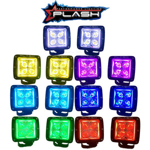 PlashLights RGB Back-Lit Cube Lights in various colors: white, yellow, purple, blue, green, and red.