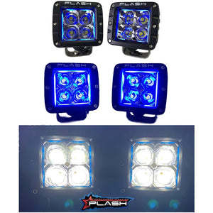 Pair of black PlashLights RGB back-lit cube lights with blue and white LED illumination.