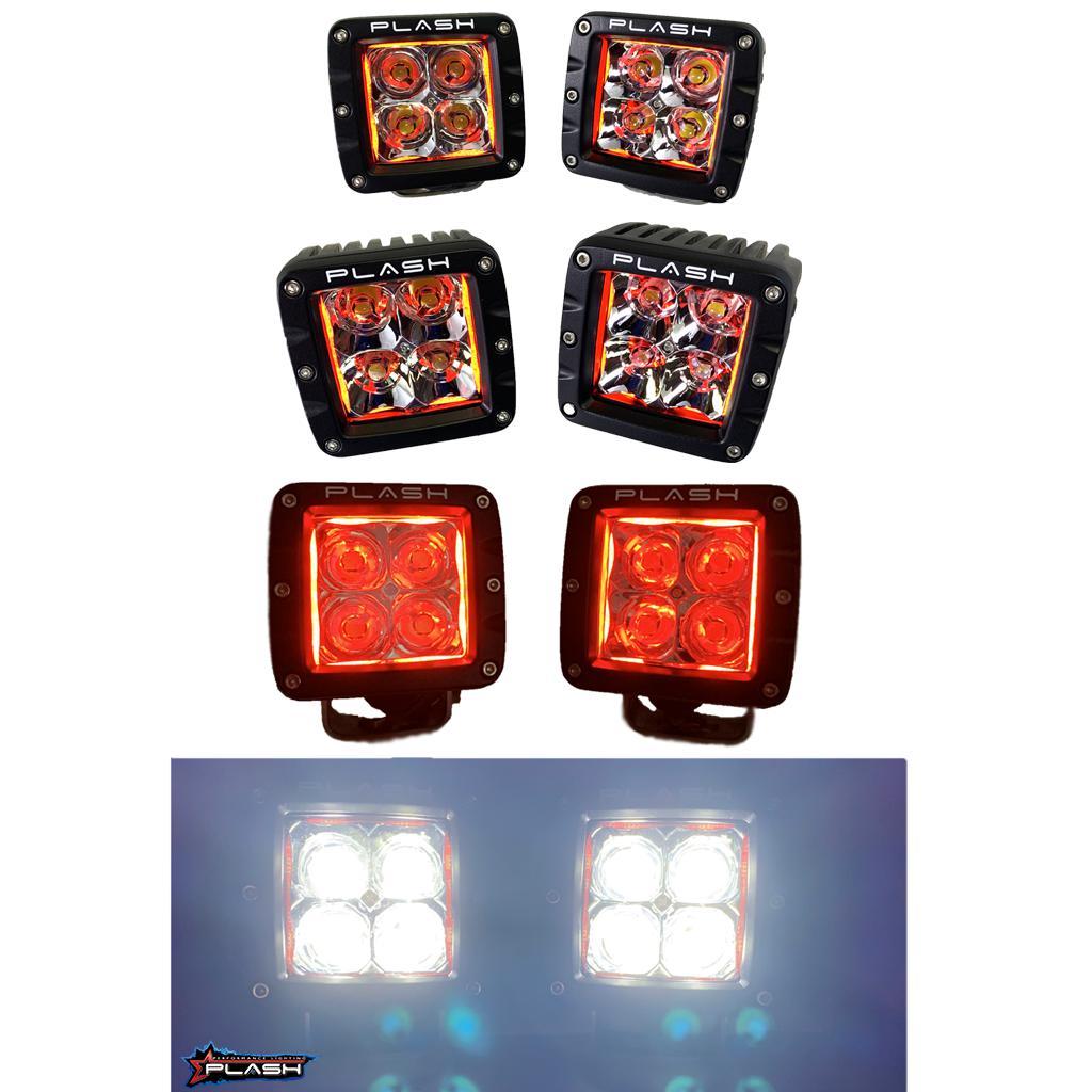 PlashLights RGB Back-Lit Cube Lights, black aluminum body, red and white LEDs, with "PLASH" logo.