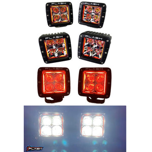 PlashLights RGB Back-Lit Cube Lights, black aluminum body, red and white LEDs, with "PLASH" logo.