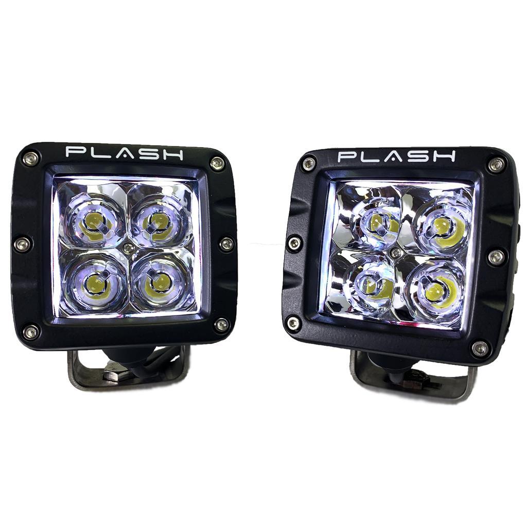 Pair of black PlashLights RGB back-lit cube lights with four bright white LEDs and stainless steel brackets.