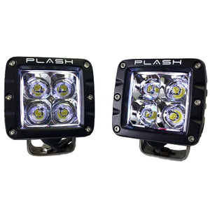 Pair of black PlashLights RGB back-lit cube lights with four bright white LEDs and stainless steel brackets.