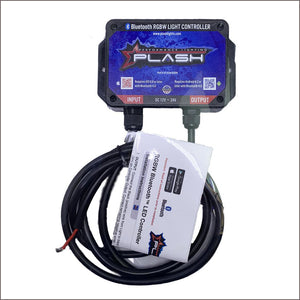 Black waterproof PlashLights RGBW Bluetooth LED light controller with input/output ports, wiring, and instructions.