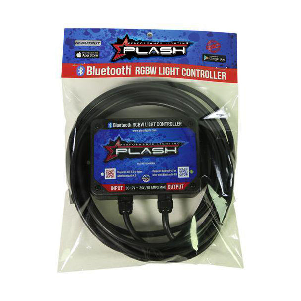 PlashLights RGBW Bluetooth LED light controller in clear packaging with black wires.