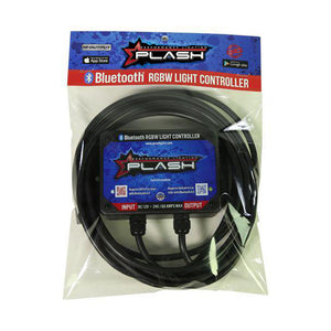 PlashLights RGBW Bluetooth LED light controller in clear packaging with black wires.