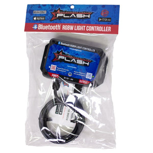 PlashLights RGBW Bluetooth LED light controller in clear packaging, showing app store logos and wiring.