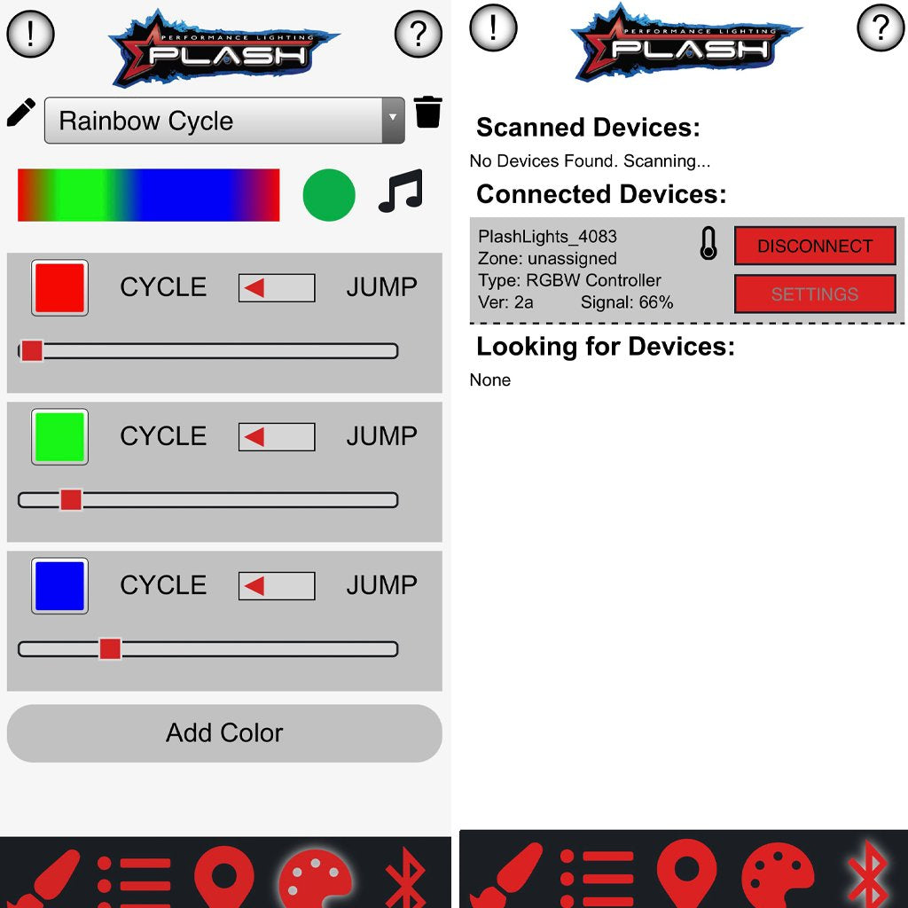 PlashLights RGBW Bluetooth LED light controller app interface, showing color, cycle, and jump settings.