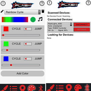 PlashLights RGBW Bluetooth LED light controller app interface, showing color, cycle, and jump settings.