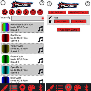 PlashLights RGBW Bluetooth LED light controller app interface showing color cycles, intensity, and zone controls.