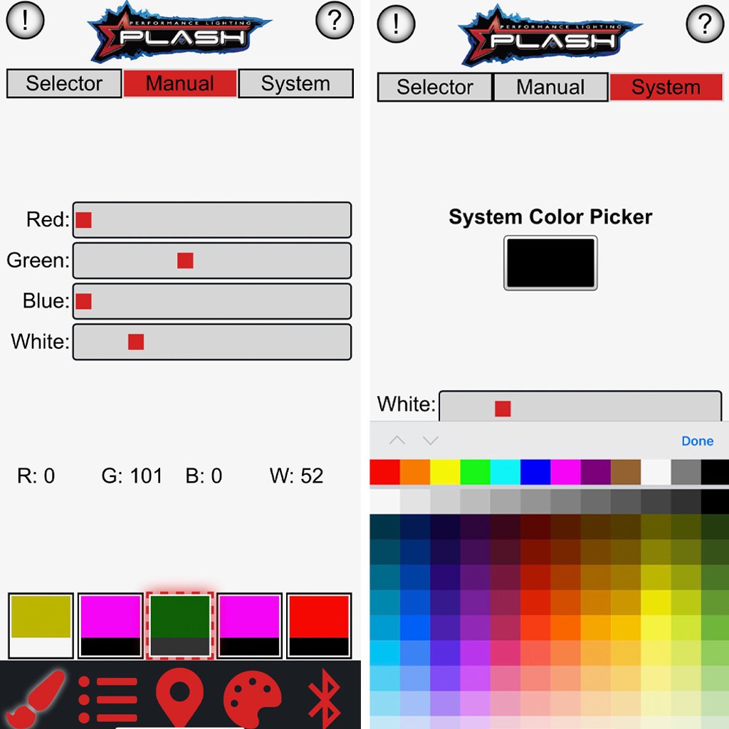 PlashLights RGBW Bluetooth LED light controller app interface with color sliders and a system color picker.