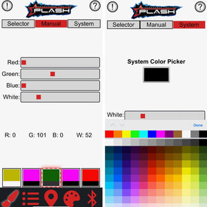 PlashLights RGBW Bluetooth LED light controller app interface with color sliders and a system color picker.