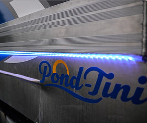 Blue Plashlight 12V RGBW flexible light strip illuminating a "Pond-Tini" boat's aluminum hull.