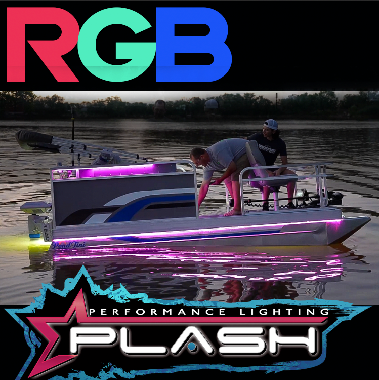 Plashlight RGBW color-changing waterproof flexible light strip illuminating a boat with vibrant purple and yellow.