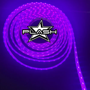 Coiled purple Plashlight 12V RGBW waterproof flexible LED light strip with the Plash logo.