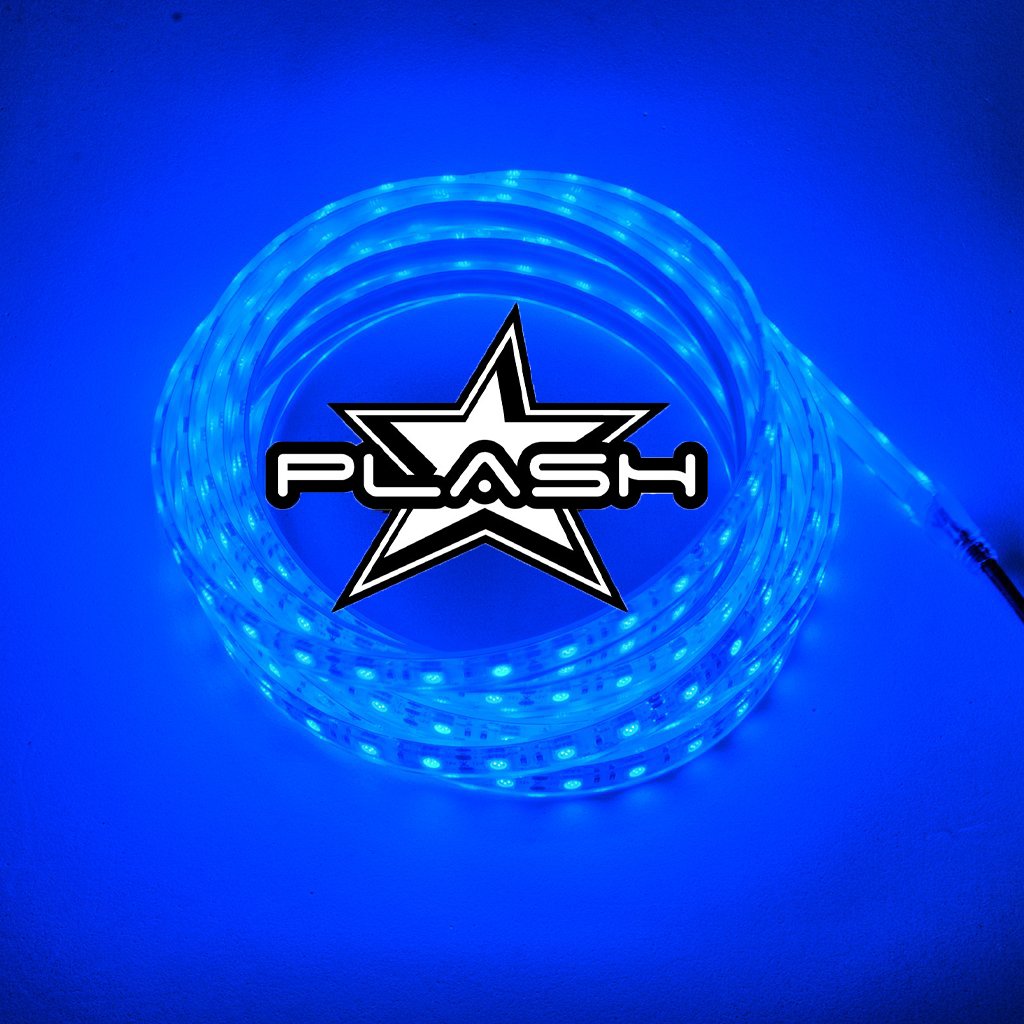 Coiled Plashlight 12V RGBW flexible light strip glowing bright blue with the Plash logo.