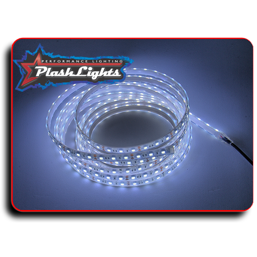 Coiled white PlashLights waterproof LED strip with bright lights, ideal for marine environments.