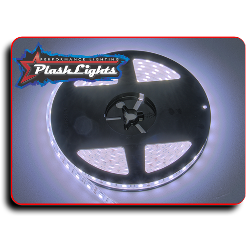 White PlashLights waterproof LED strip light coiled on a black reel, glowing brightly.