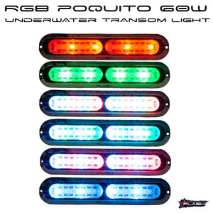 Plashlight Poquito 60W RGB underwater transom light, showing various LED colors in a 316 stainless steel housing.
