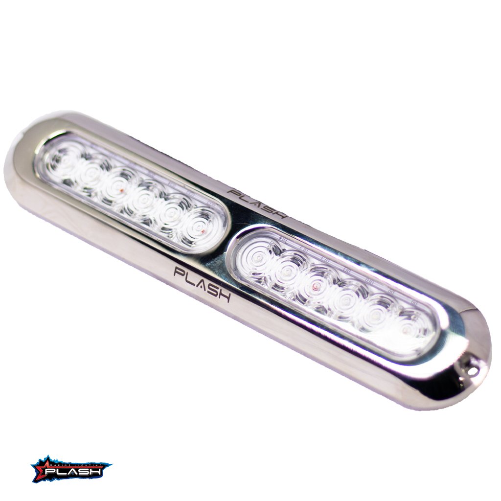 Plashlight Poquito 60W RGB underwater transom light with polished 316 stainless steel housing.