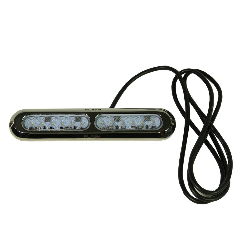 Plashlight Poquito 60W RGB underwater transom light with polished 316 stainless steel housing and black wire.