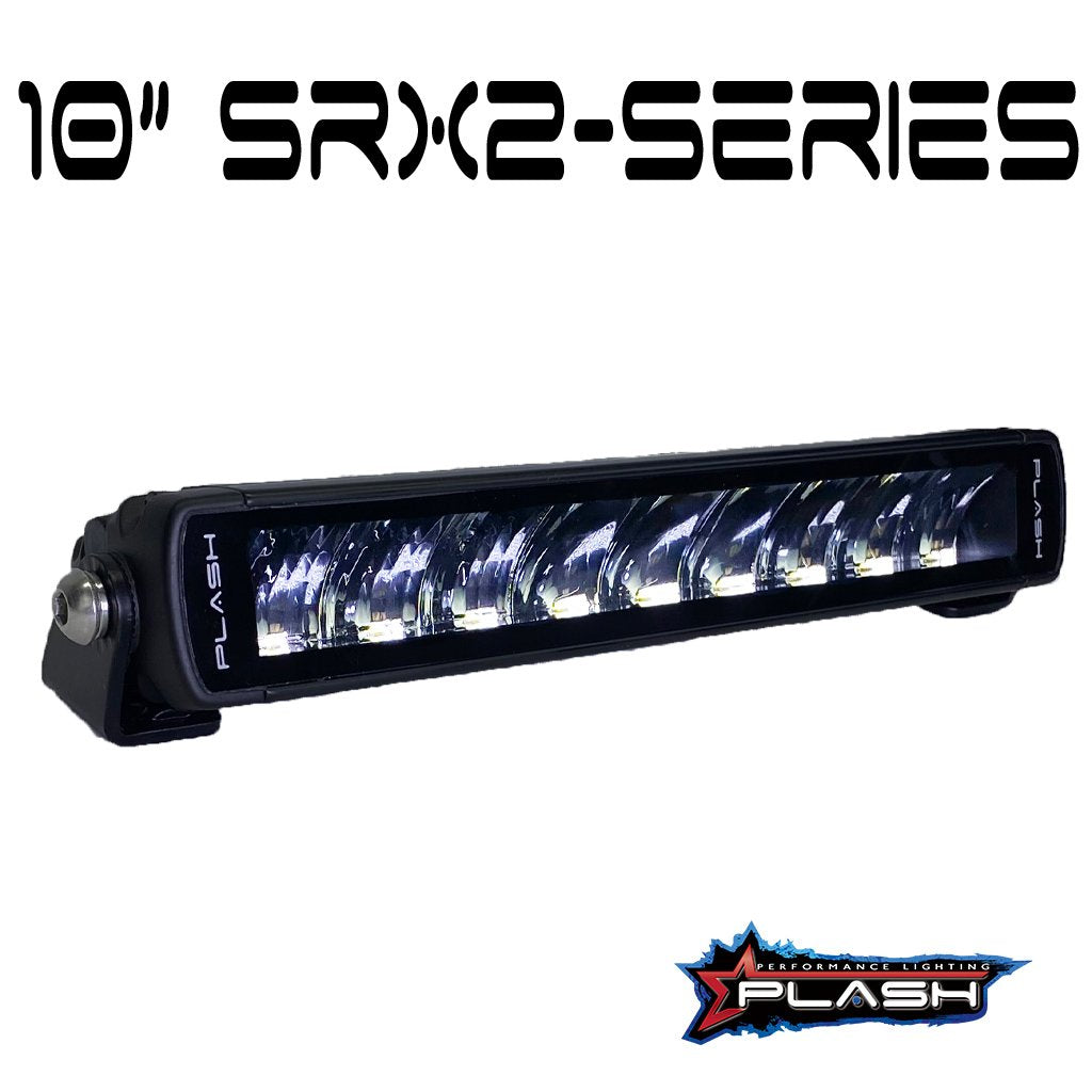 10" Plashlight SRX2-Series black single row LED light bar with chrome mounting brackets.