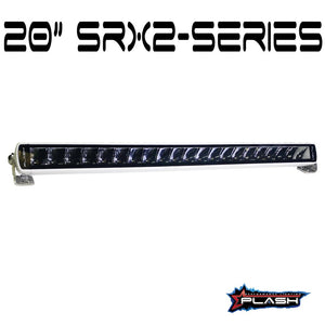 20" Plashlight SRX2-Series single row LED light bar with blacked-out design and chrome mounting brackets.