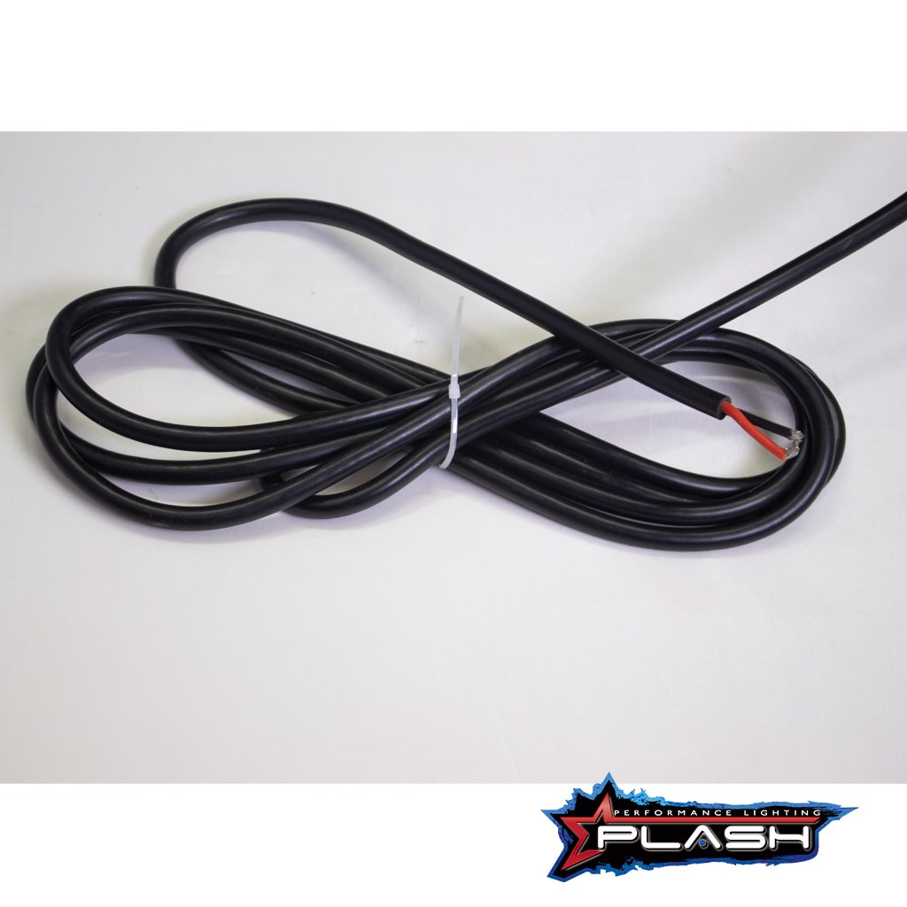 Coiled black 9ft power wire for Plashlight SRX2 LED light bar, with exposed red and black leads.