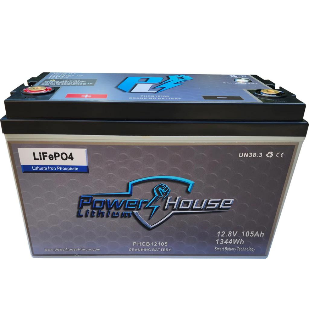 Power House Lithium 12V 105Ah cranking battery with emergency start button, black casing, and blue logo.