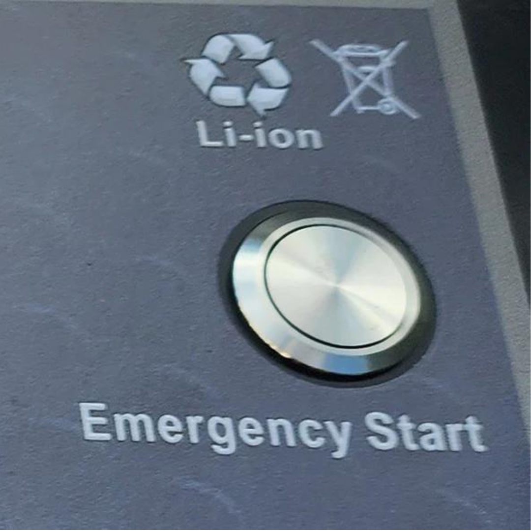 Power House Lithium 12V 105Ah cranking battery with emergency start button, black casing, and blue logo.