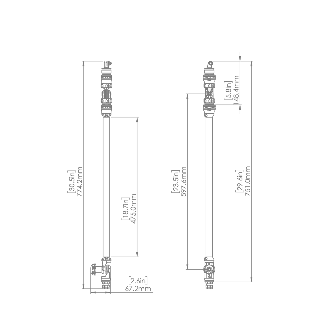 Technical drawing of the Railblaza Camera Boom 600, showing its adjustable length and four joints.