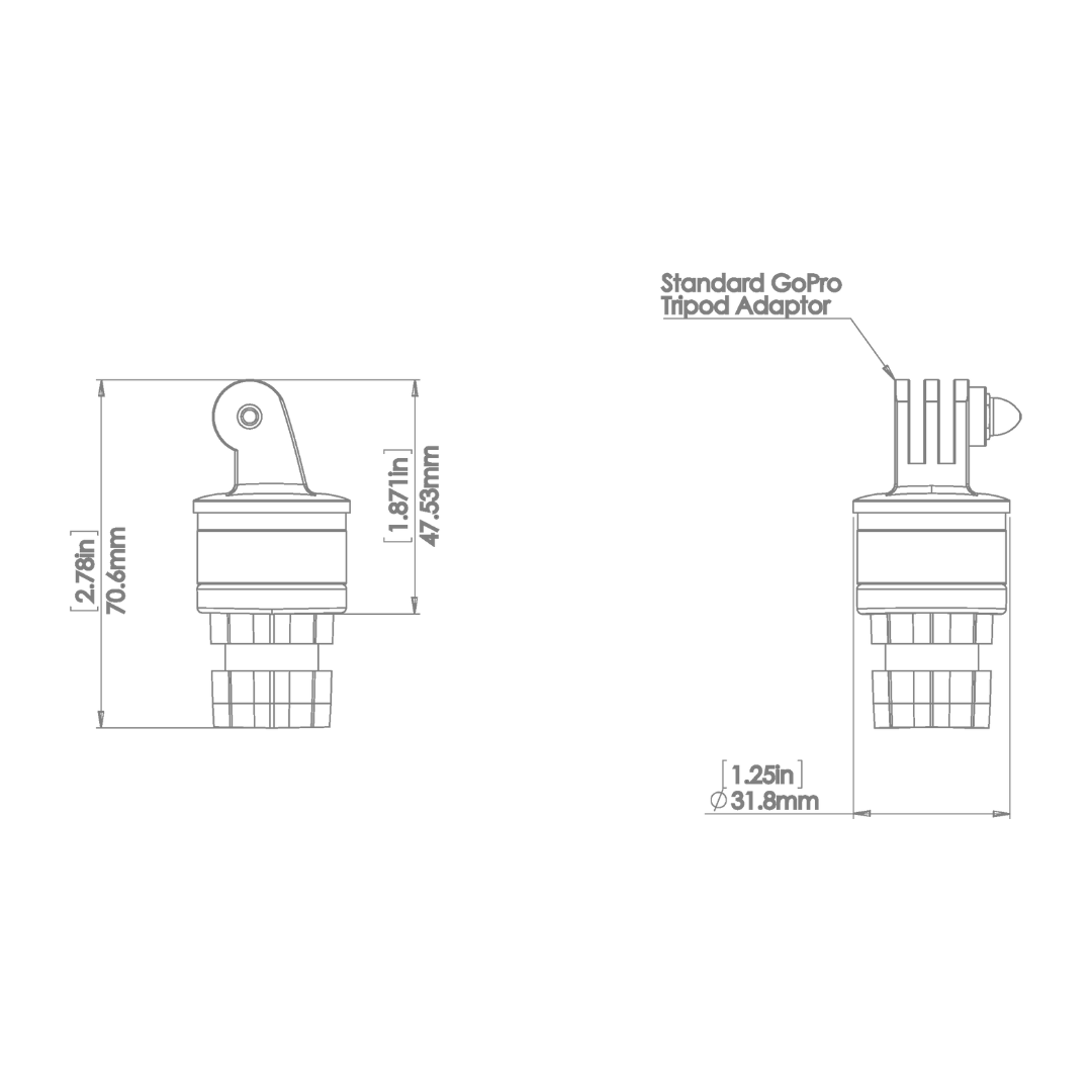 Technical drawing of the black Railblaza Camera Mount Adapter with GoPro adaptor, showing dimensions.