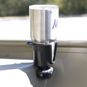 Black Railblaza DrinkHold with a silver tumbler, mounted on a light green surface.