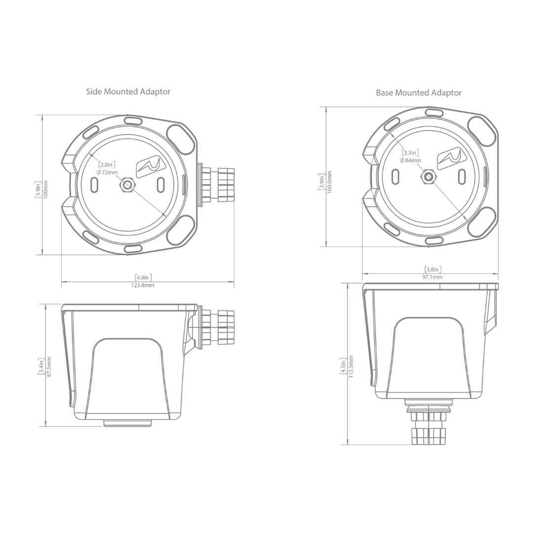 Technical drawing of the Railblaza DrinkHold, showing side and base mounted adaptors with dimensions.